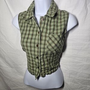 Vintage y2k green plaid crop western indie top